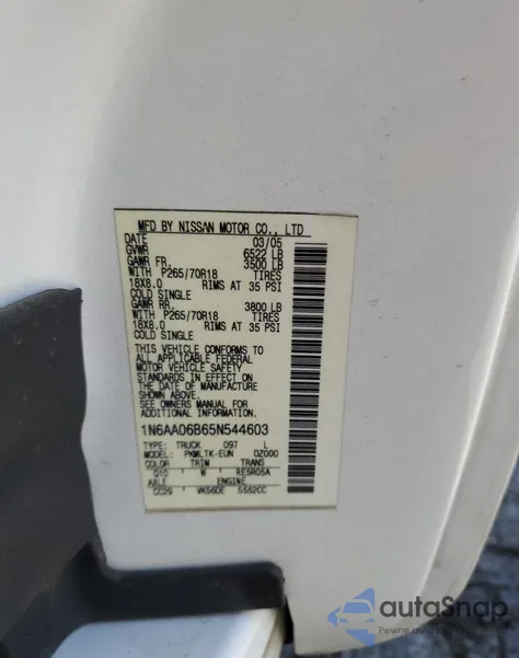 2005 Nissan Titan Xe from USA, damaged, VIN 1N6AA06B65N544603